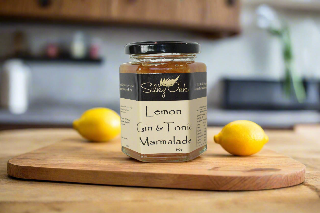Jar of Lemon Gin & Tonic Marmalade with 'Silky Oak' branding on a white background